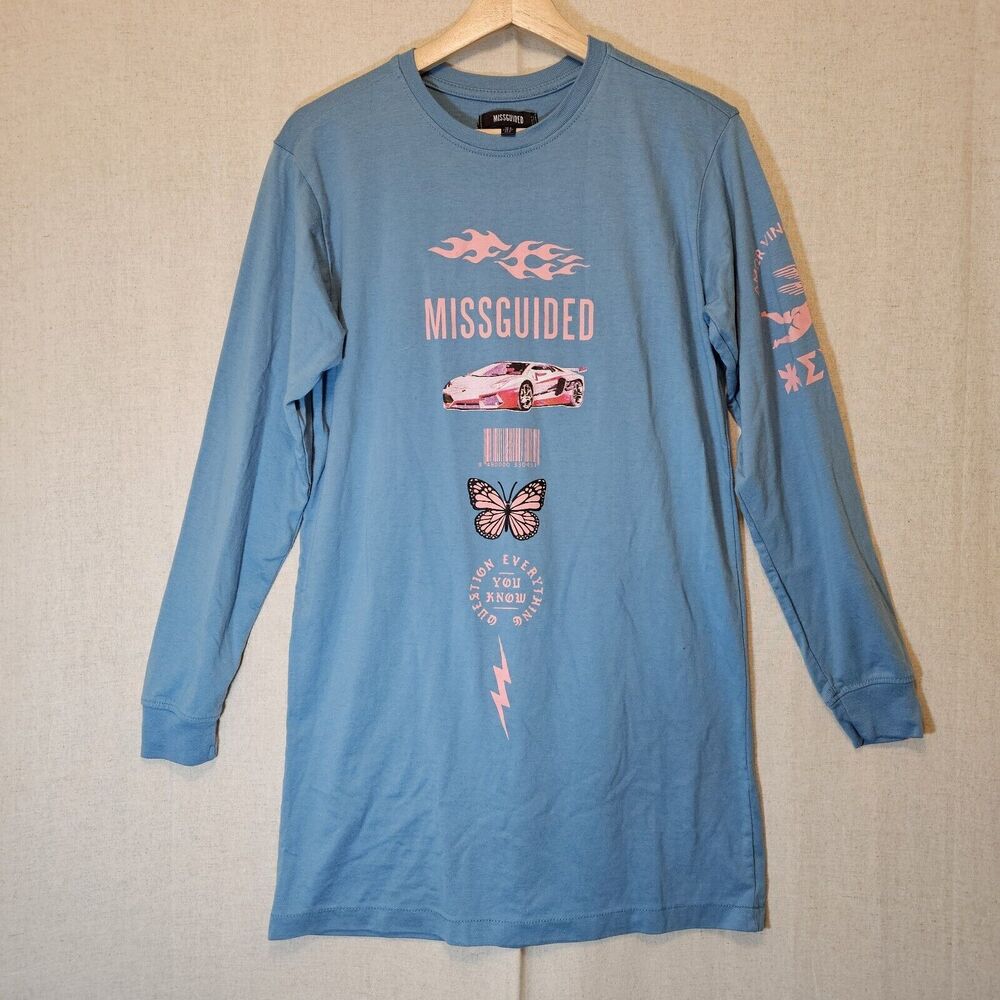 Missguided T-shirt dress Baby Blue Pink Y2K Graphic Size 0